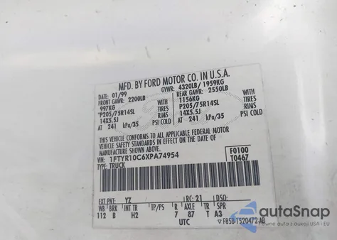 1999 Ford Ranger Xl/Xlt из США, поврежденный, VIN 1FTYR10C6XPA74954